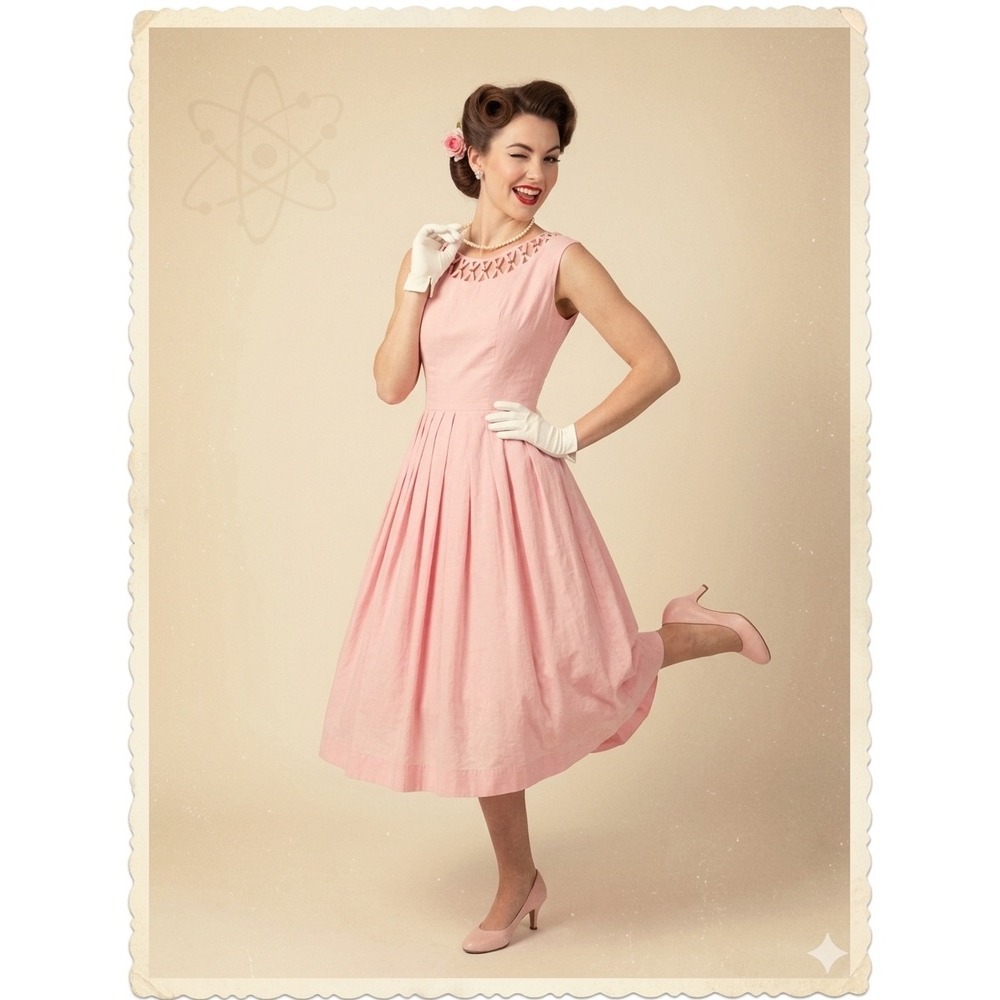 Vintage 1950s Pink Latticework Bodice Pleated Fit and Flare Rockabilly Dress